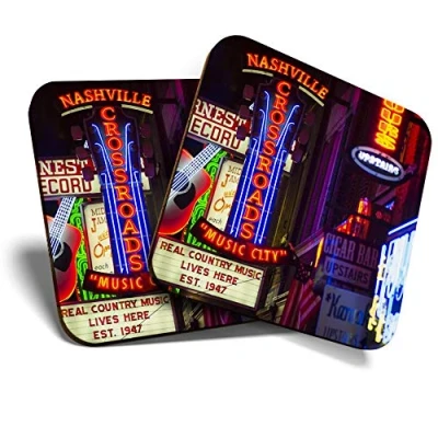 Image of 2 x Square Coasters Nashville Country Music Neon Signs Cork Backed Home Kitchen Accessory Tea Coffee Mug Mat #45832
