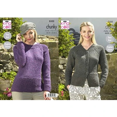 Image of King Cole 5322 Knitting Pattern Womens Easy Knit Raglan Cardigan and Sweater in Big Value Chunky