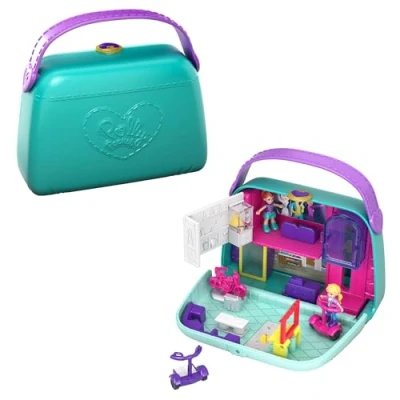 Image of Polly Pocket World Mini Mall Escape Purse shaped Compact with Micro and Lila dolls, Surprise Reveals, Movie Theater, Elevator, Dressing Room, Scooters &amp; More; Ages 4 Older, GCJ86