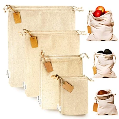 Image of Leafico Muslin Bags with Drawstrings Set of 8 Mixed (S,M,L,XL) Reusable Produce for Bulk Food Storage Cloth Canvas Fabric Natural Cotton