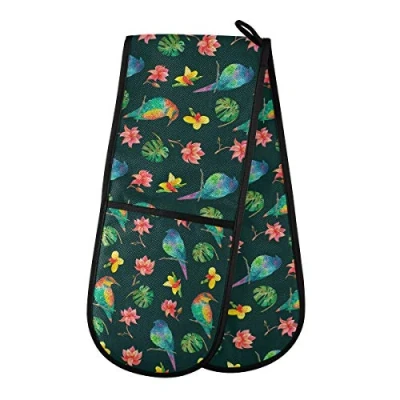 Image of Double Oven Glove Mitts Tropical Palm Leaves Bird Heat Resistant Pot Holders for Home Kitchen Cooking Baking Outdoor BBQ
