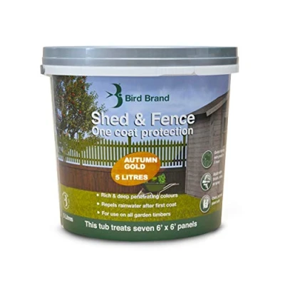 Image of Bird Brand Shed &amp; Fence One Coat Protection 5 Litre Autumn Gold Colour