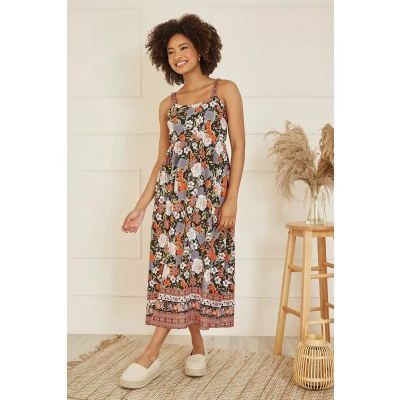 Image of Yumi Womens Multicolour Retro Floral Print Midi Sun Dress With Border Hem Size 14 UK