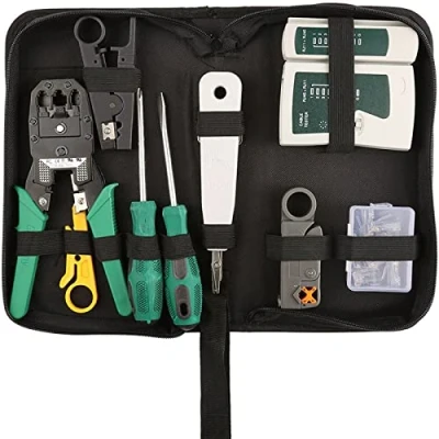 Image of Hiija Network Tool Kits Professional Maintenance LAN Cable Tester, RJ45 Crimper 9 in 1 Repair Tools Crimp Tool, 8P8C Connectors, Screwdriver, Stripping Pliers