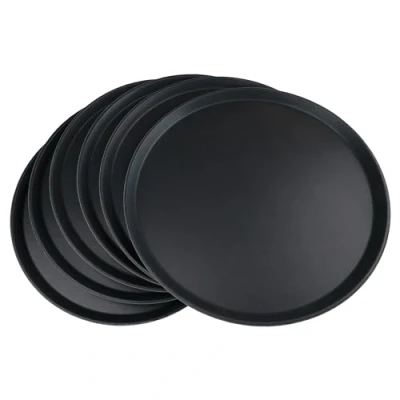 Image of Grunwerg Non Slip Round Food and Drink Plastic Serving Tray with High Grip Rubber Surface, 18 Inch Diameter, Pack of 6, PN 1800/6, Black, 45cm Diameter