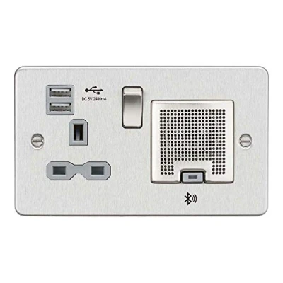 Image of KnightsBridge Flat Plate 13A socket, USB chargers (2.4A) and Bluetooth Speaker Brushed chrome with grey insert