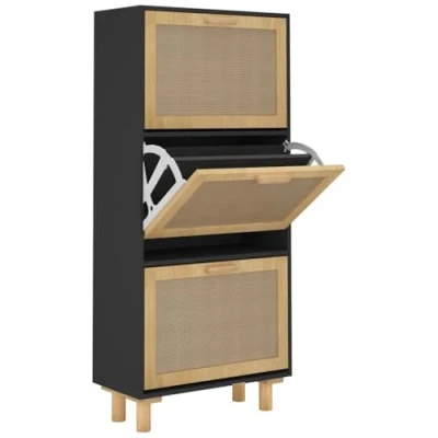 Image of vidaXL Black Shoe Cabinet Scandinavian Design, Engineered Wood &amp; Natural Rattan, 3 Drawers, Pull Down Suitable for Various Locations