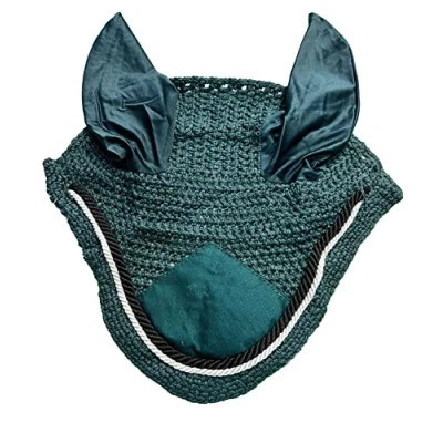 Image of Spire Horse Soft Crochet fly Veil Breathable Cotton Ear Net Hood Control Masks Protector Bonnets (Pony, Dark Green/Black White)