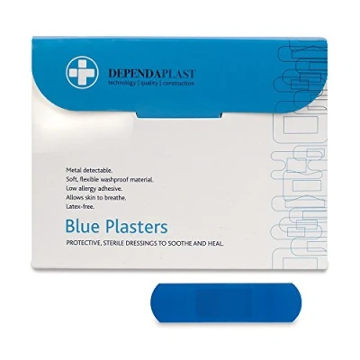 Image of Dependaplast Food Area Blue Plasters With High Visibility And Metal Detection Properties, Easily Detectable, Individually Wrapped 7.5 cm x 2.5 cm, (Pack of 100)