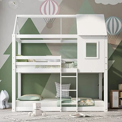 Image of ModernLuxe Bunk Bed, 3FT Children Cabin Solid Pine Wood Single Bed with Convertible Ladder &amp; Window, Space Saving Twin Sleeper, White (Mattress Not Included)