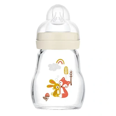 Image of MAM Feel Good Glass Bottle Pack of 1 (1 x 170 ml), with Medium Flow Teats Size 2, Newborn Essentials, Baby Bottles for 2+ Months, White (Designs May Vary)