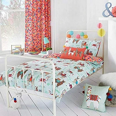 Image of Riva Paoletti Kids Llamarama Toddler Duvet Cover Set Multicolour Mint Green Reversible Llama Design 1 x Pillowcase Included PolyCotton Machine Washable 120 150cm (47&quot; 59&quot; inches)