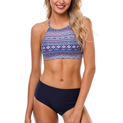 Image of CharmLeaks Women High Neck Bikini Swimwear Cross Back Vintage Swimsuit Navy Aztec XL