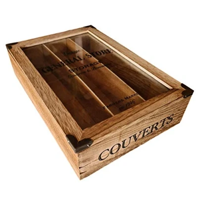Image of Shabby n Chic Rustic Style Wooden General Store Cutlery Box/Tray with 3 Compartments.Glass Lid.Gift