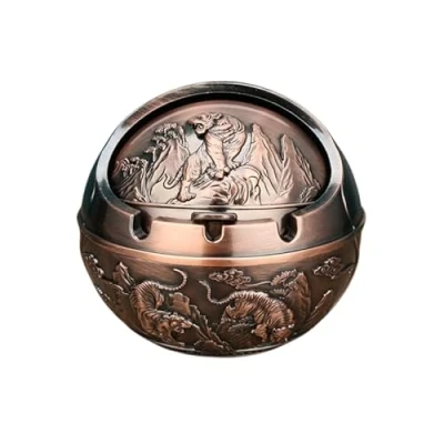 Image of Metal Ashtray with Lids, Windproof, Cigarette for Indoor or Outdoor Use，Ash Holder Smokers,Desktop Smoking Ash Tray Home Office Decoration (Copper Tiger)