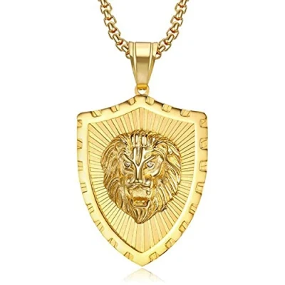 Image of MayiaHey Lion Pendant, Gold Shield Necklace for Men, Norse Viking Head Jewelry, Hip Hop Charm Stainless Steel Punk Animal Pendant Boys