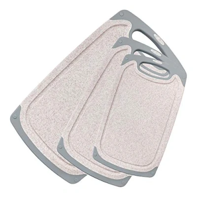 Image of KIMIUP Chopping Board Set, 3 Plastic with Non Slip Feet and Juice Grooves, BPA Free, Easy Grip Handle, Dishwasher Safe Cutting Boards (Beige)