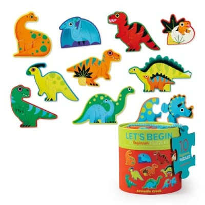 Image of Crocodile Creek Let’s Begin Puzzle, Ten 2 Piece Beginner Puzzles for Ages 2+, Heavy Duty Canister Storage, Each Puzzle is Approximately 6 x 4 inches, Colorful Dinosaurs Design