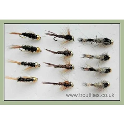 Image of Gold Head Nymph Trout Flies, 12 Pack Goldhead Nymph, Diawl Bach, Hares Ear, Pheasant Tail