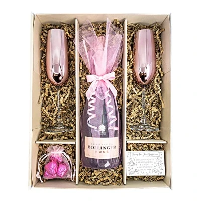 Image of Bollinger Rosé Champagne 75cl Gift Set Hamper With 2 Matching Flutes, Belgian Heart Chocolates and Box Mothers Day, Birthday (Rosé Metallic Bowls)
