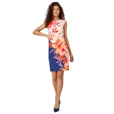 Image of Roman Originals Scuba Dress for Women UK Ladies Shift Swing Linear Floral Print Spring Everyday Summer Evening Vacation Work Holiday Short Sleeve Smart Casual Navy Orange Size 18