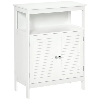 Image of kleankin Bathroom Storage Unit Cabinet with Open Shelf, Freestanding Floor Organizer 2 Doors for Living Room Kitchen Entryway, White