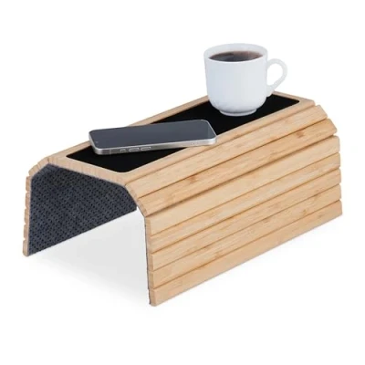 Image of Relaxdays Arm, Armrest, Bamboo, Table for Couch, WXD: 42 x 34 cm, Sofa Tray, Foldable, Natural, Polyester, 1 cm
