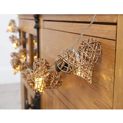 Image of Christmas Concepts® 10 Gold Rattan Heart Lights with Warm White LED 1.5m Length Battery Operated
