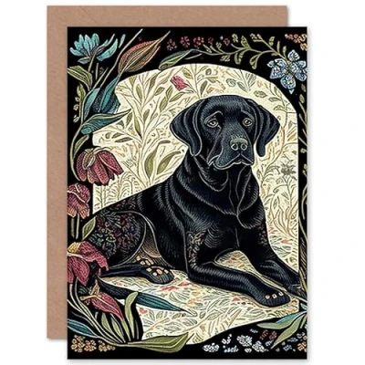 Image of Artery8 Black Labrador Dog with Floral Patterns Vintage Inspired Linocut Illustration Art Birthday Sealed Greeting Card Plus Envelope Blank inside