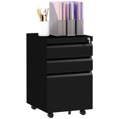 Image of Vinsetto 3 Drawer Mobile Filing Cabinet with Pencil Tray, Steel Lockable File for Letter, A4 and Legal Size, Pre Assembled Body, Black