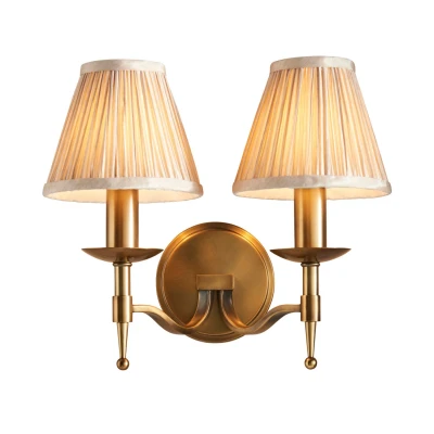 Image of Stanford 2 Light Indoor Twin Candle Wall Antique Brass with Beige Shades, E14