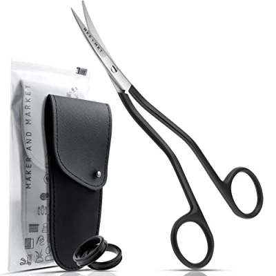 Image of MAKER AND MARKET Applique Long Thin Needlepoint Blade 6.1 Inch Double Bent Curved Offset Handle Scissors with Pouch Sleeve for Embroidery, Fabric, Thread, Knitting, Sewing, Arts &amp; Craft (Black)