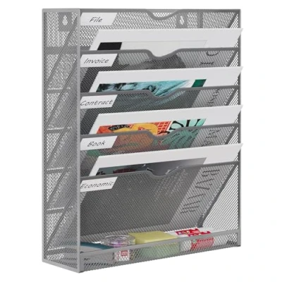 Image of EasyPAG 6 Tier A4 Mesh in Tray Hanging Wall File Holder Mail Organiser Magazine Storage Rack Upgrade,Silver