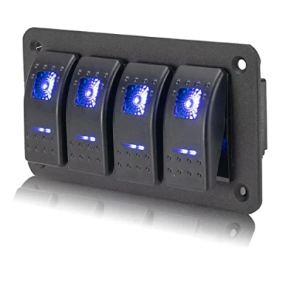 Image of 4 Gang Marine Rocker Switch Panel Waterproof 5 Pin ON OFF Toggle 12V/24V with Blue LED Light and DIY Sticker Labels for RV Boat Car Vehicles Truck