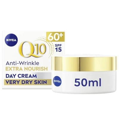 Image of NIVEA Q10 Anti Wrinkle 60+ Extra Nourishing Day Cream SPF 15 (50ml), Hydrating to Reduce Fine Lines and Wrinkles, Skincare for Mature Skin
