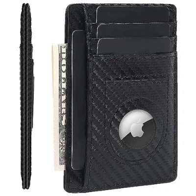 Image of EXQUILLET AirTag Wallet for Men,Slim Minimalist Apple Air Tag,Front Pocket RFID Blocking Cash Credit Card with Hold, Black Carbon Fiber,