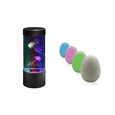 Image of Playlearn Sensory Light Up Set 1 x Mini Fake Jellyfish Aquarium Mood Lamp Tank &amp; Colour Changing Eggs (pack 4)