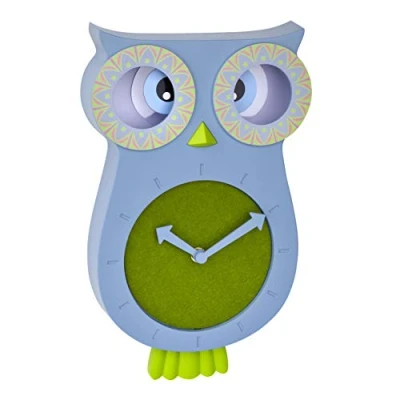 Image of TFA Dostmann Willy 60.3052.06 Silent Owl Shaped Wall Clock for Children&#039;s Bedroom, Blue, (L) 110 x (B) 70 (H) 330 mm