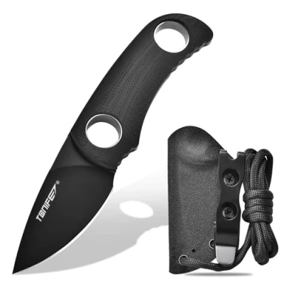 Image of TONIFE Fixed Blade Knife 4.8cm, Mini Neck with Kydex Sheath and Cord, EDC Portable for Outdoor Survival (Black + Black Titanium)