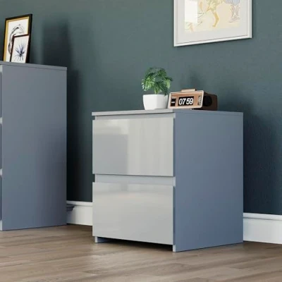Image of Vida Designs Glinton Stylish High Gloss Side Table with 2 Drawer Nightstands Bedroom Furniture 100% FSC Certified (Grey)