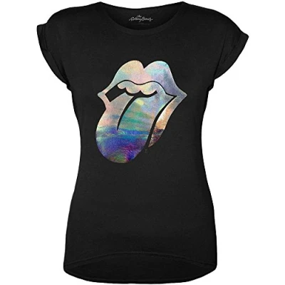 Image of Paradiso Clothing THE Rolling Stones Hologram FOIL Tongue Print Tshirt, Women&#039;s, Size: Small, Black