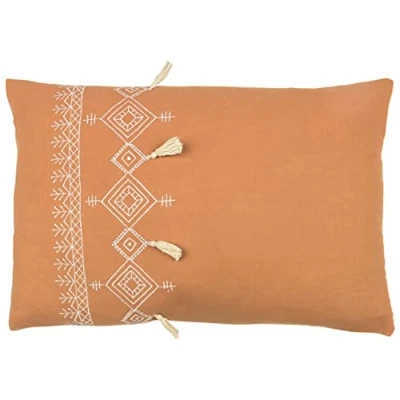 Image of furn. Pritta Cotton Embroidered Tasselled Feather Filled Cushion Beige One Size