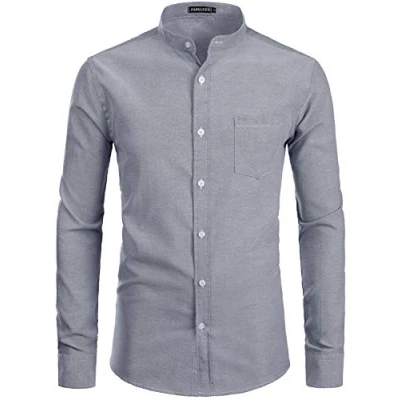 Image of PARKLEES Mens Hipster Design Grandad Collar Oxford Shirt Slim Fit Long Sleeve Casual Button Down Dress Shirts with Pocket Grey S