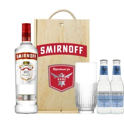 Image of Personalised Smirnoff Vodka Gift Set Triple Distilled with Rocks Glass &amp; Fever Tree Lemonade 70cl (37.5% ABV) Birthday gifts for her, Womens Sets, Alcohol Set, Gifts,