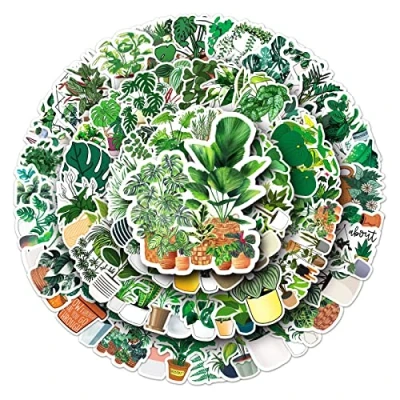 Image of 100Pcs Green Plants Stickers Laptop Car Scrapbook Phone Skateboard Suitcase Luggage Bike Vinyl Waterproof Aesthetic Personalised for Teens Boys Girls Adults Children