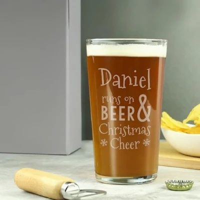 Image of Custom Personalised Runs On Beer &amp; Christmas Cheer Pint Glass. for Him, Christmas, Stocking Filler