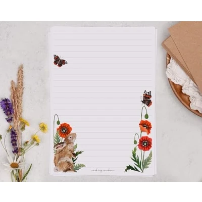 Image of Making Meadows A5 Lined Letter Writing Paper Set (20 Sheets &amp; 10 envelopes) Traditional Rabbit with Poppy Design On Penpal Stationery