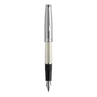 Image of Waterman Emblème Fountain Pen, Ivory with Chrome Trim, Fine Nib Blue Ink Cartridge, Gift Box