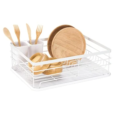 Image of Navaris Dish Drainer Rack Plate, Cutlery, Pots and Pans Drying for Kitchen Modern Retro Design Drip Tray with Metal White