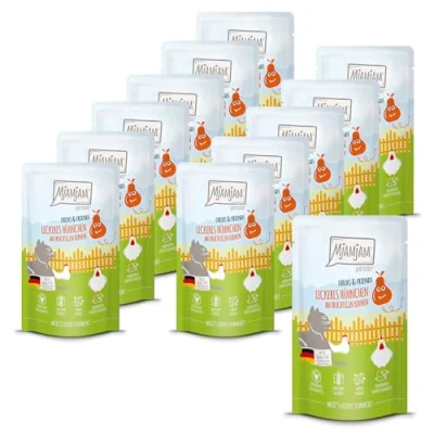 Image of MjAMjAM Premium wet food for cats Quetschie Chicks &amp; Friends delicious chicken with fruity pears, 12 pack (12 x 125g), grain free